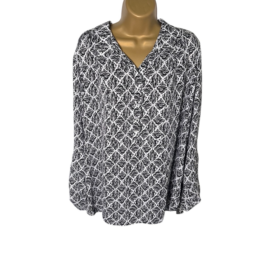 Investments II Abstract Blouse Button Front Long Sleeve Black White 2X